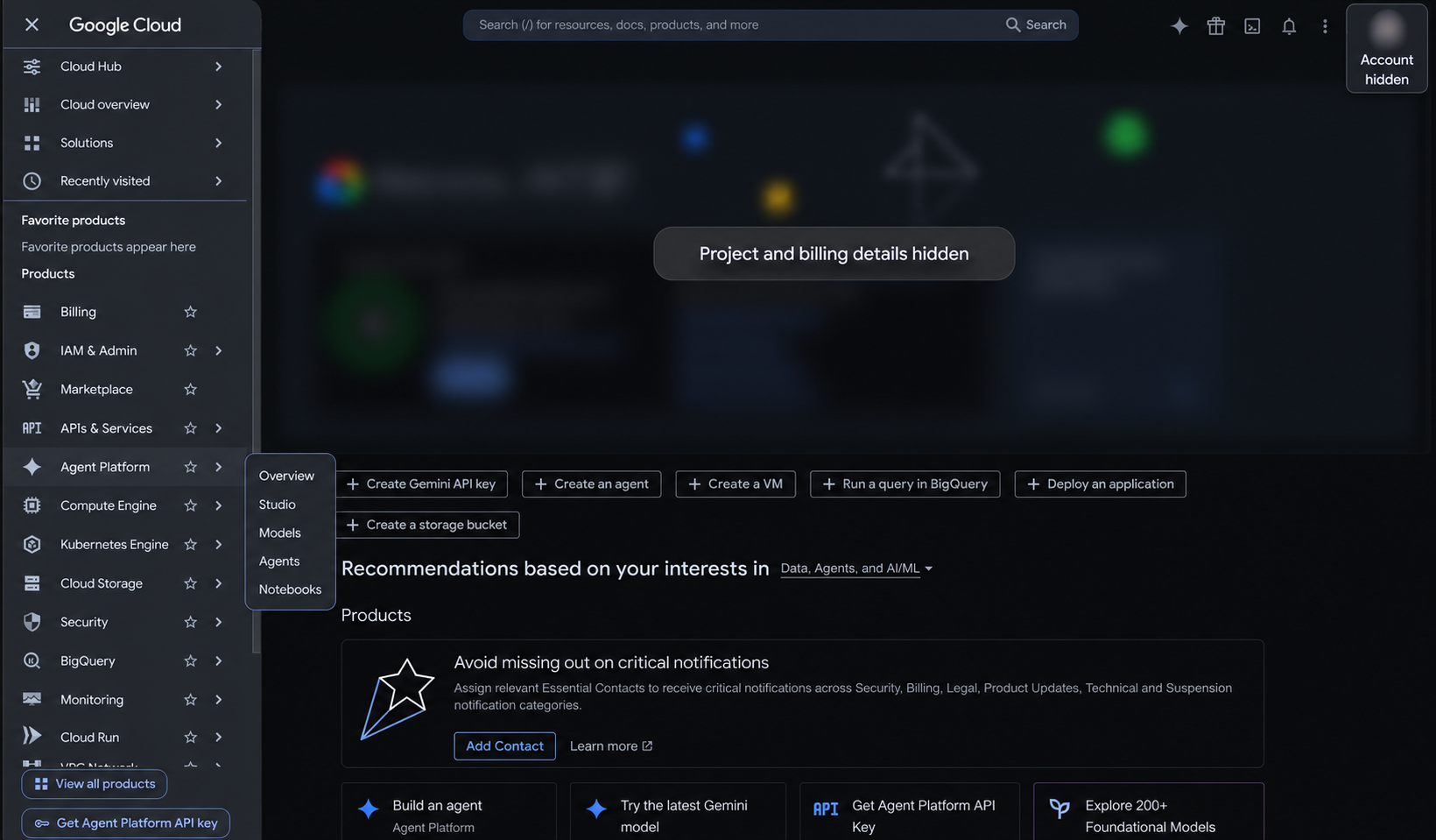 Edited Google Cloud console screenshot with Agent Platform navigation expanded and private details concealed